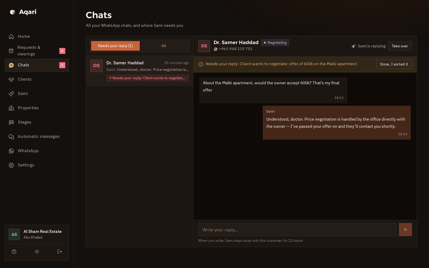 The chats page in dark mode with a negotiation handed to the office