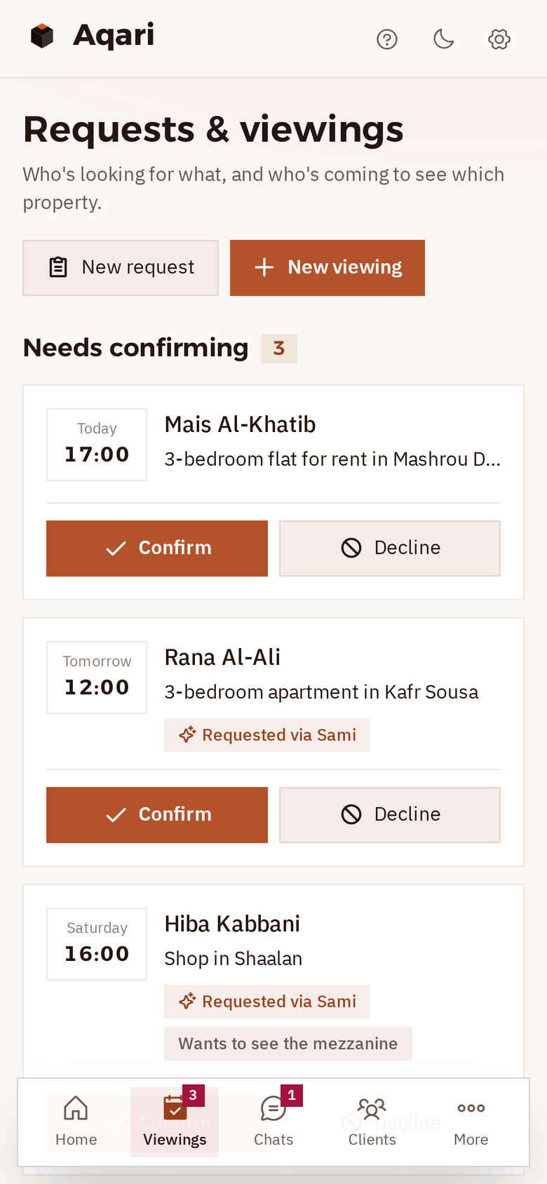 Viewings on a phone: three waiting for confirmation, each with Confirm and Decline